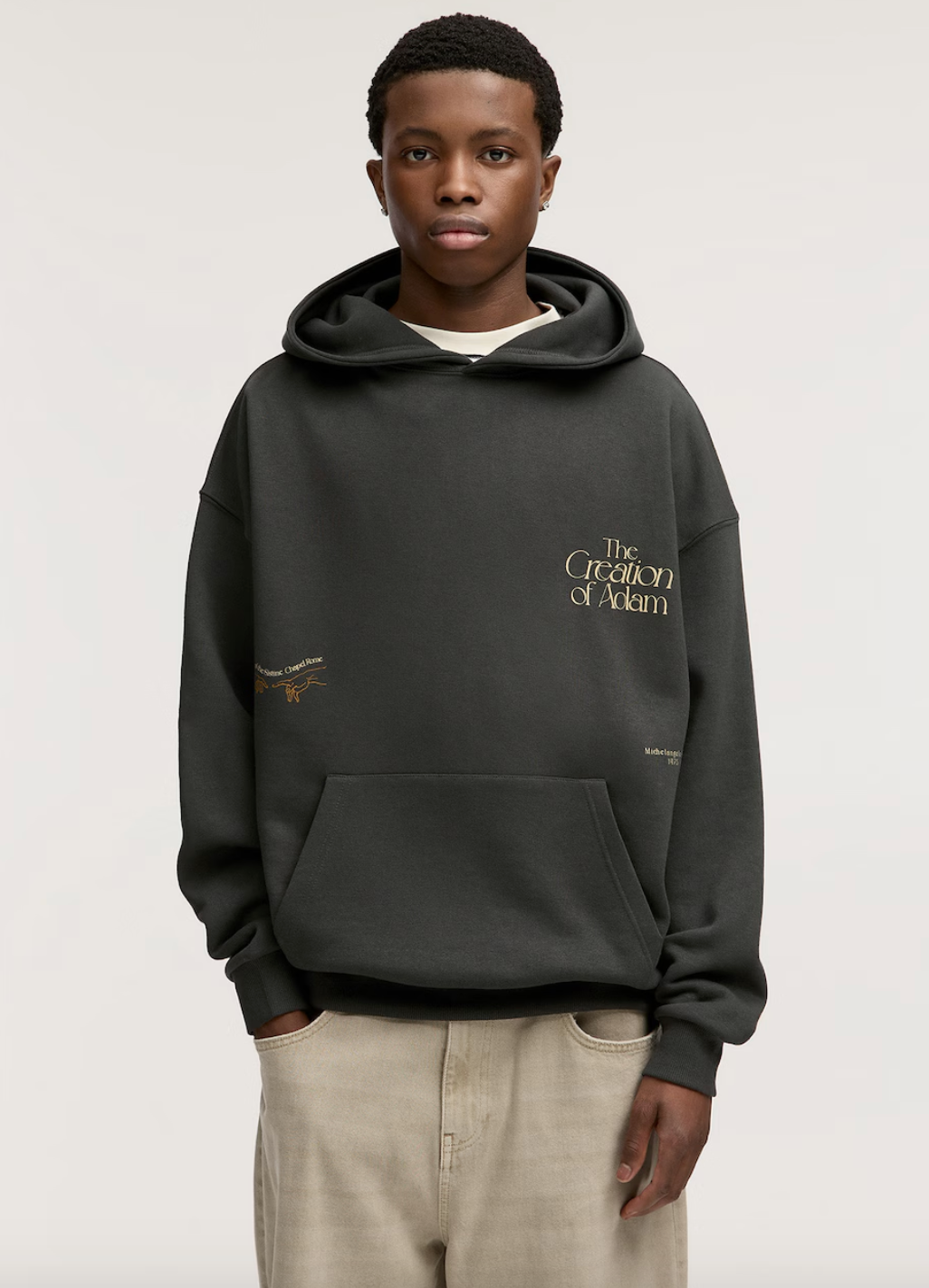 Pull & Bear- The Creation of Adam Graphic-Print Oversized Hoodie in Dark Grey