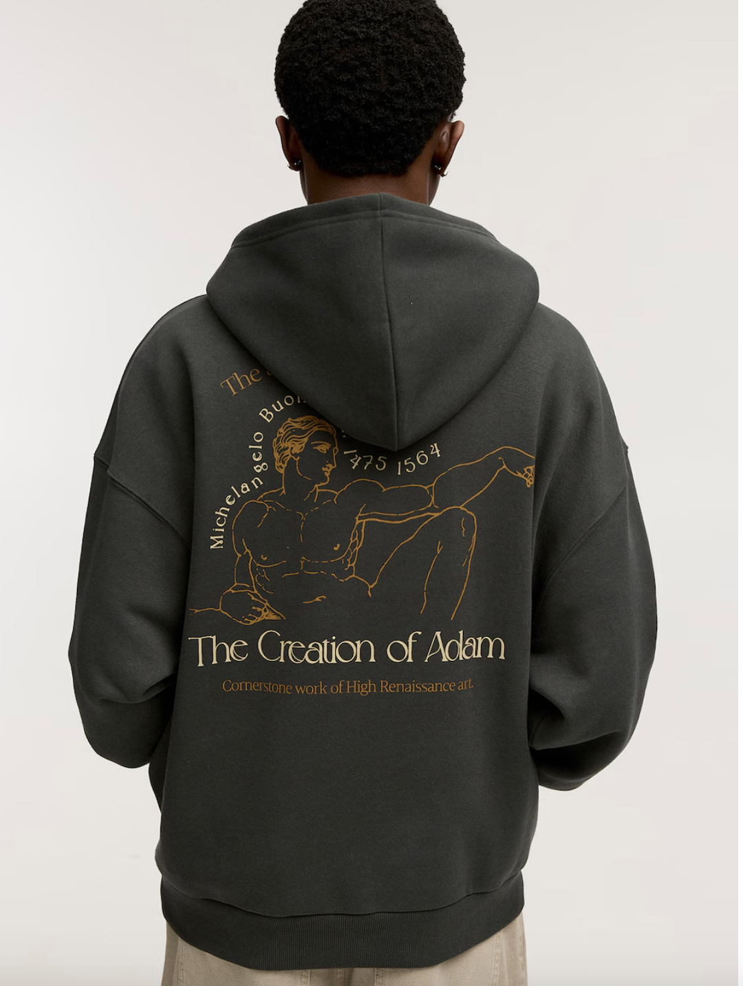 Pull & Bear- The Creation of Adam Graphic-Print Oversized Hoodie in Dark Grey